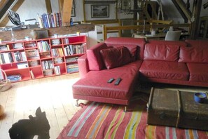 Smart-tv, een open haard, een dvd-speler en boeken