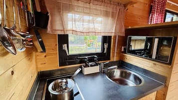 Een koelkast, een microgolfoven, een kookplaat