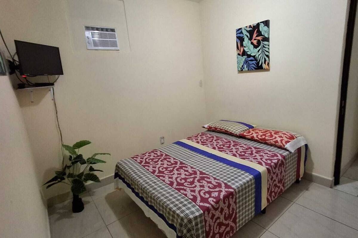 Quarto pequeno e limpo com uma cama, ar condicionado fixado na parede, um vaso de planta e um quadro.