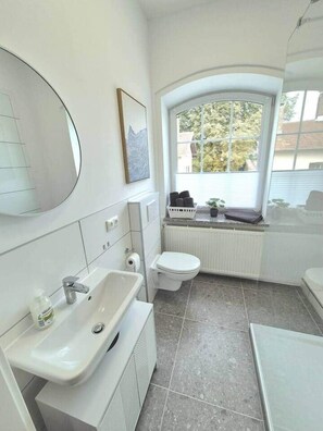 Hair dryer, towels, soap, toilet paper