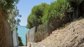 Un sentier étroit mène à une zone côtière d’où l’on a une vue sur la mer, et un mur de pierre borde le sentier d’un côté.