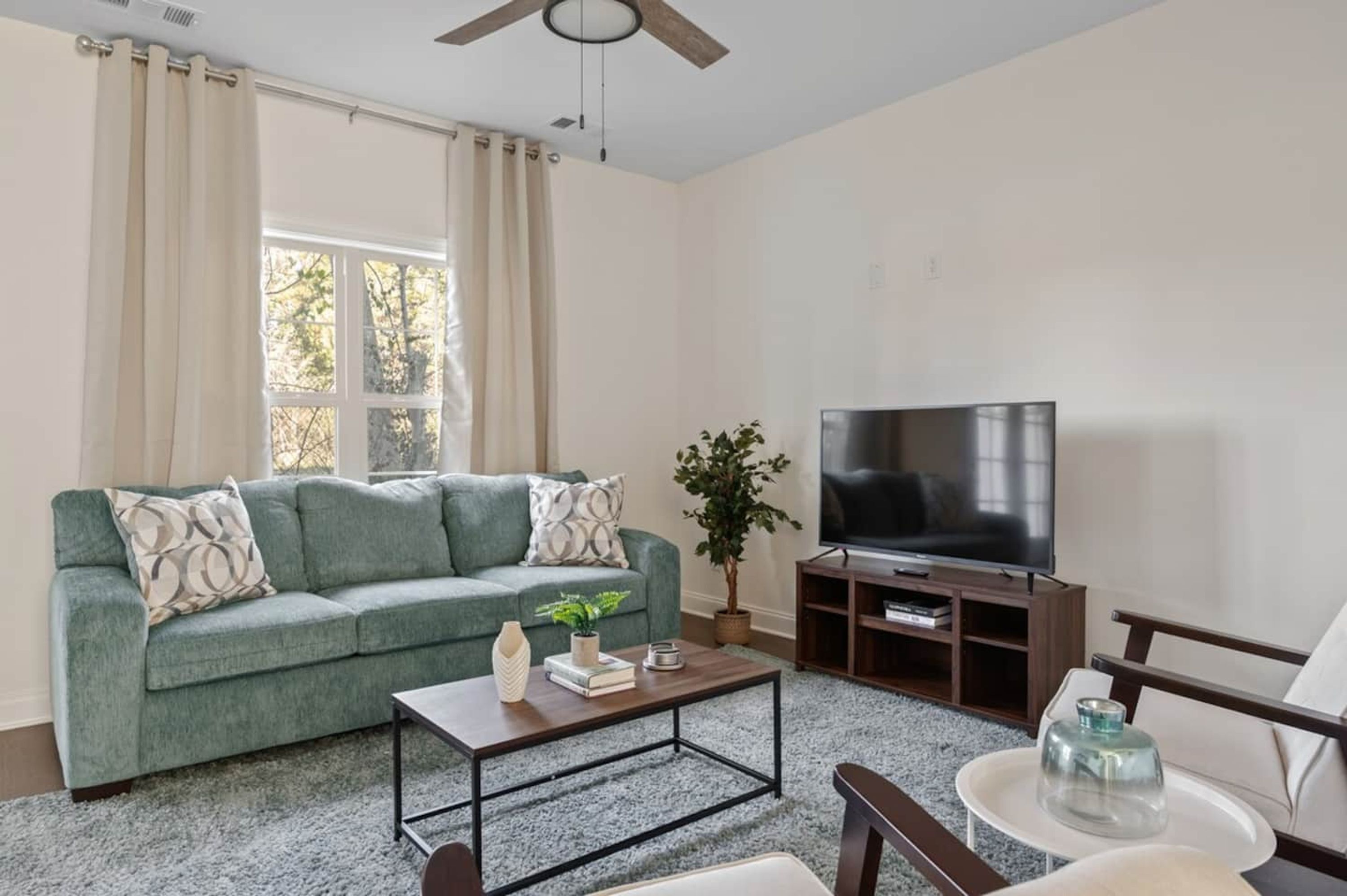 A living room with a green sofa, a coffee table, a TV, and a plant.