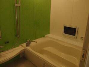 Separate bathtub and shower, free toiletries, hair dryer, towels