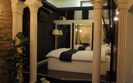 A hotel room with a large bed, a mirror, a TV, a lamp, and a plant.