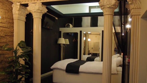 Habitación de hotel con una cama grande, un espejo, un televisor, una lámpara y una planta.