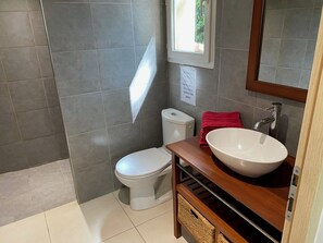 A modern bathroom with a white toilet, a large sink, and a mirror.