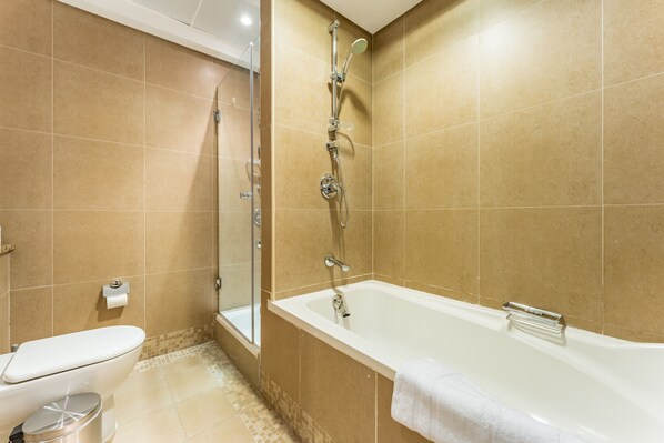 Shower, hair dryer, bidet, towels