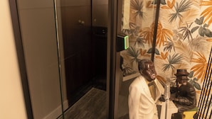 Een moderne lift met een glazen deur en een decoratieve wand met een tropisch bladmotief.