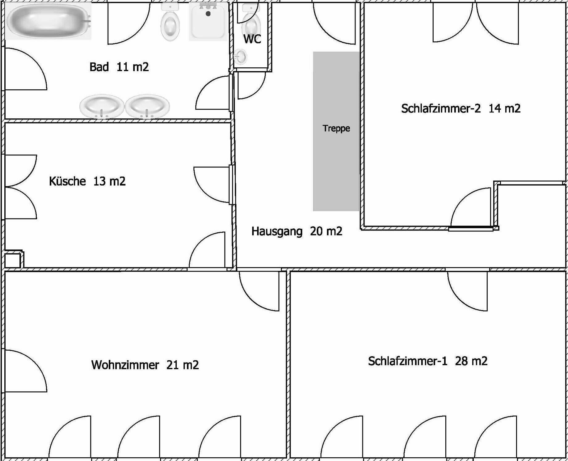 A floor plan with a bathroom (11 m2), kitchen (13 m2), living room (21 m2), two bedrooms (28 m2 and 14 m2), and a hallway (20 m2).