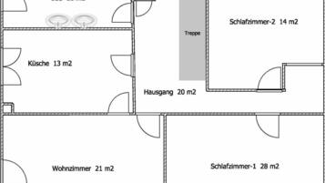 A floor plan with a bathroom (11 m2), kitchen (13 m2), living room (21 m2), two bedrooms (28 m2 and 14 m2), and a hallway (20 m2).
