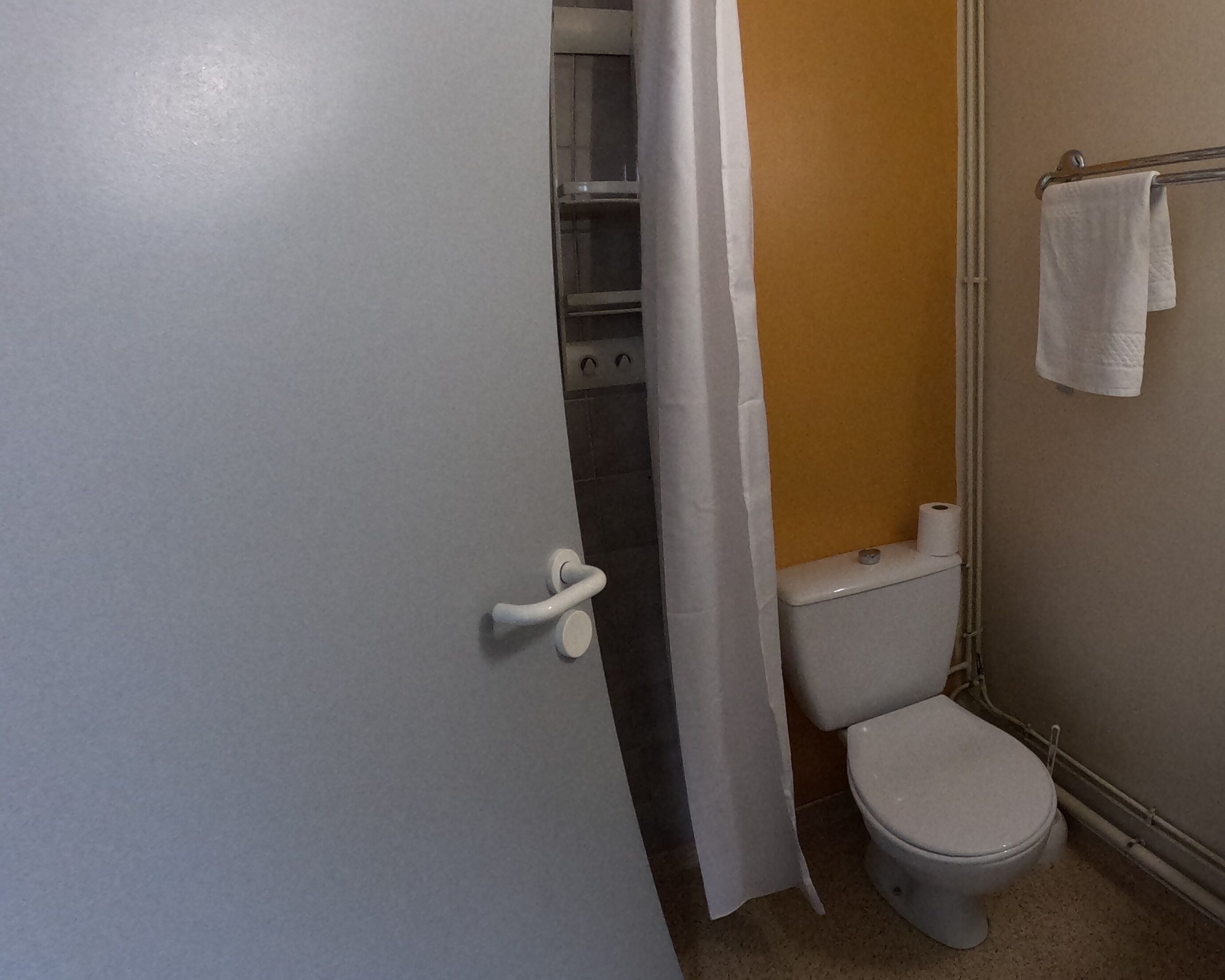 A bathroom with a toilet, a shower curtain, and a towel rack.