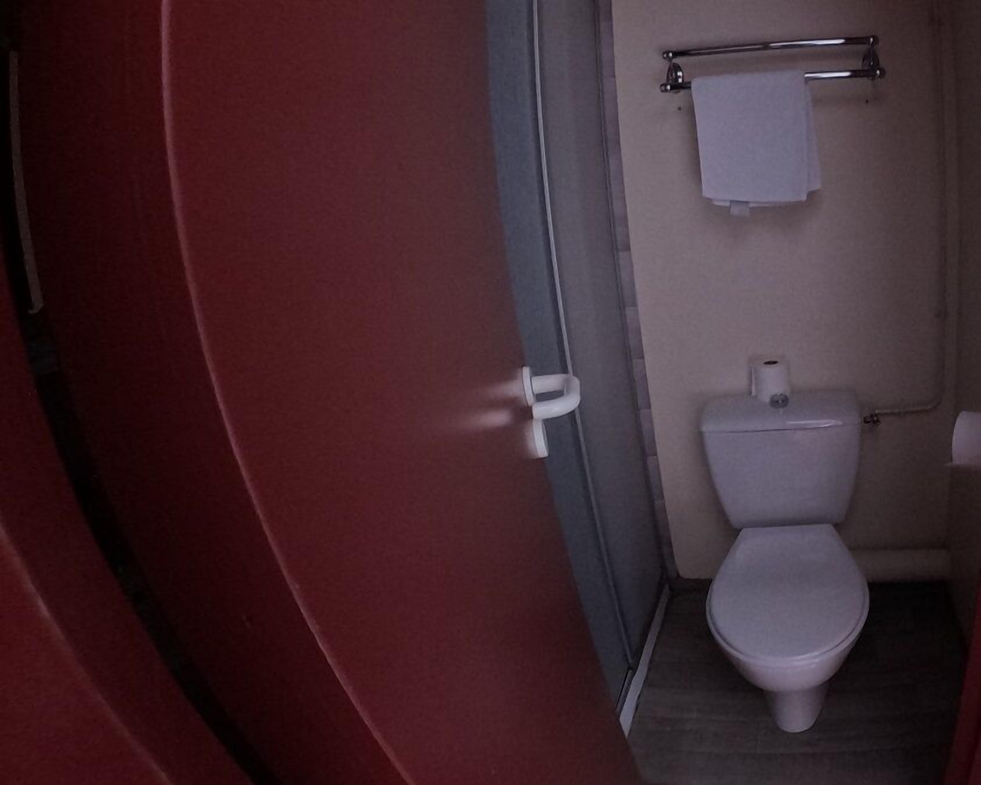 Et lille, kompakt badeværelse med toilet, håndklædestang og toiletpapir.