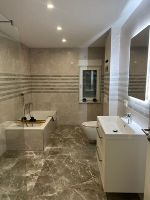 Hair dryer, towels, soap, toilet paper