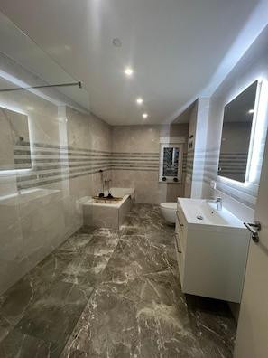 Hair dryer, towels, soap, toilet paper