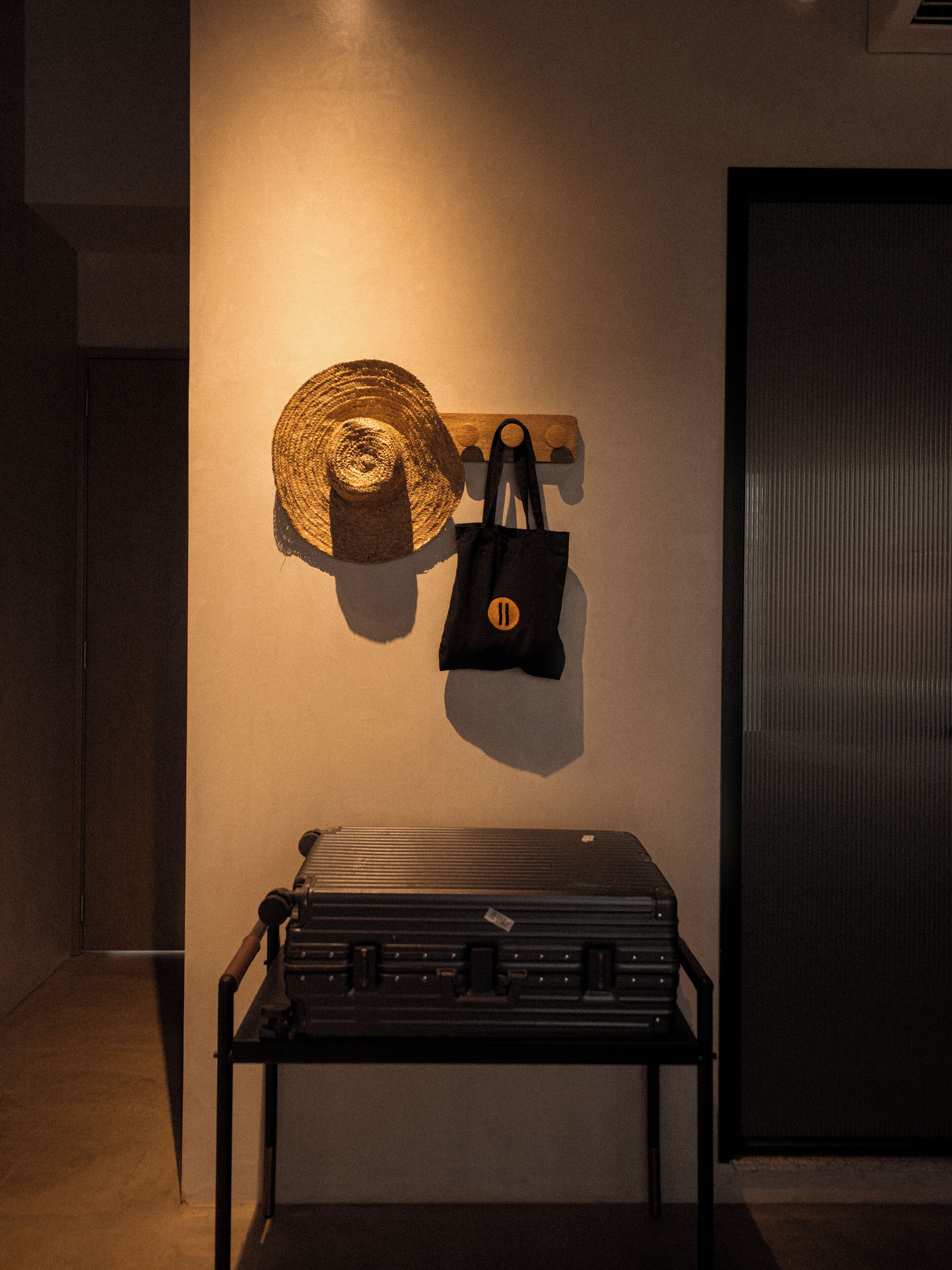Un porte-chapeau et un porte-sac fixés au mur, une valise et une porte.