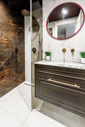 Shower, hair dryer, towels