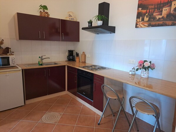 Fridge, microwave, oven, stovetop