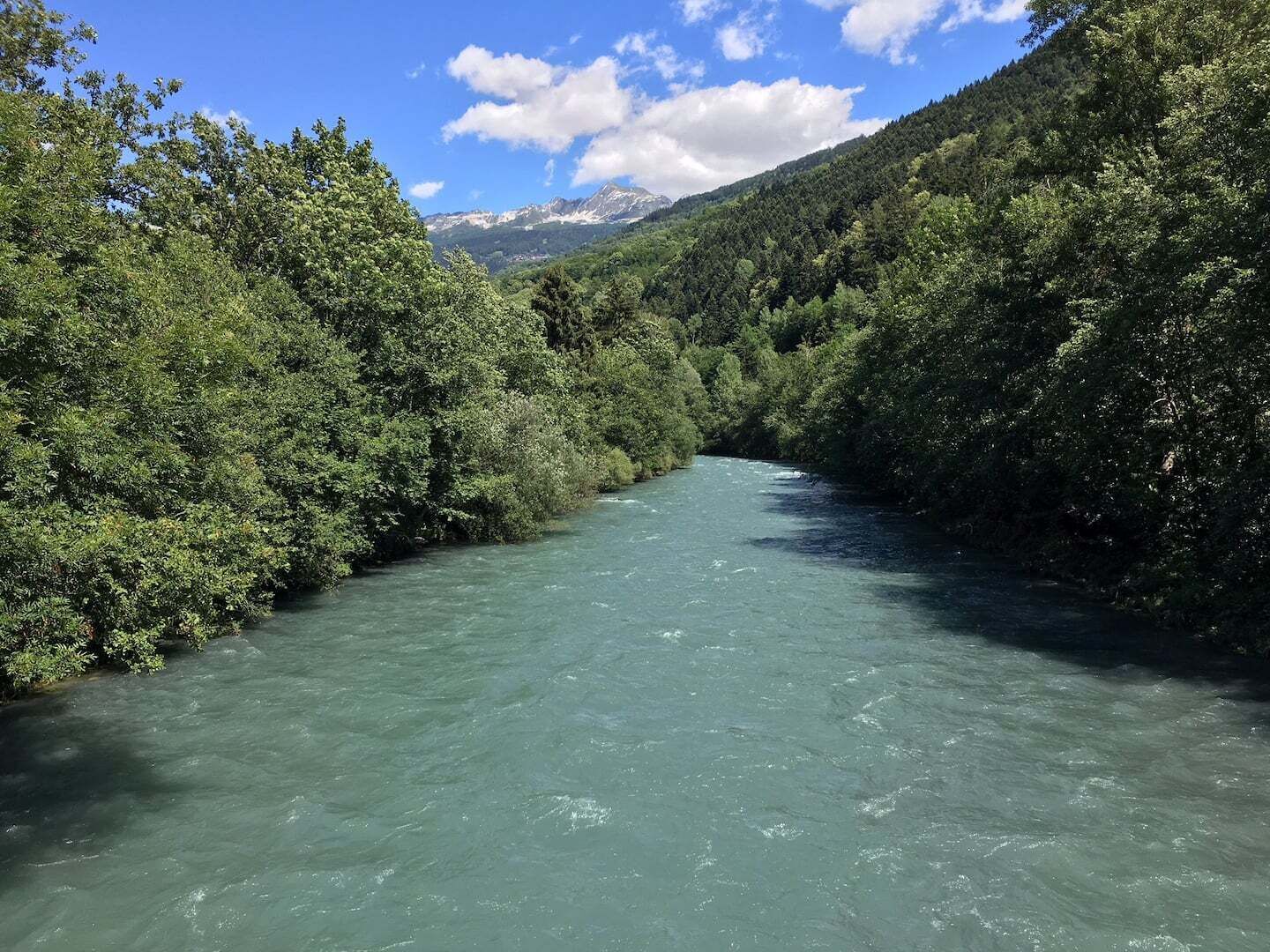 A river flowing through a forested valley with mountains in the background.