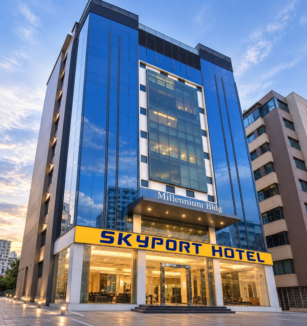 Un hotel moderno con fachada de vidrio, una entrada destacada y el letrero de 'Skyport Hotel'.