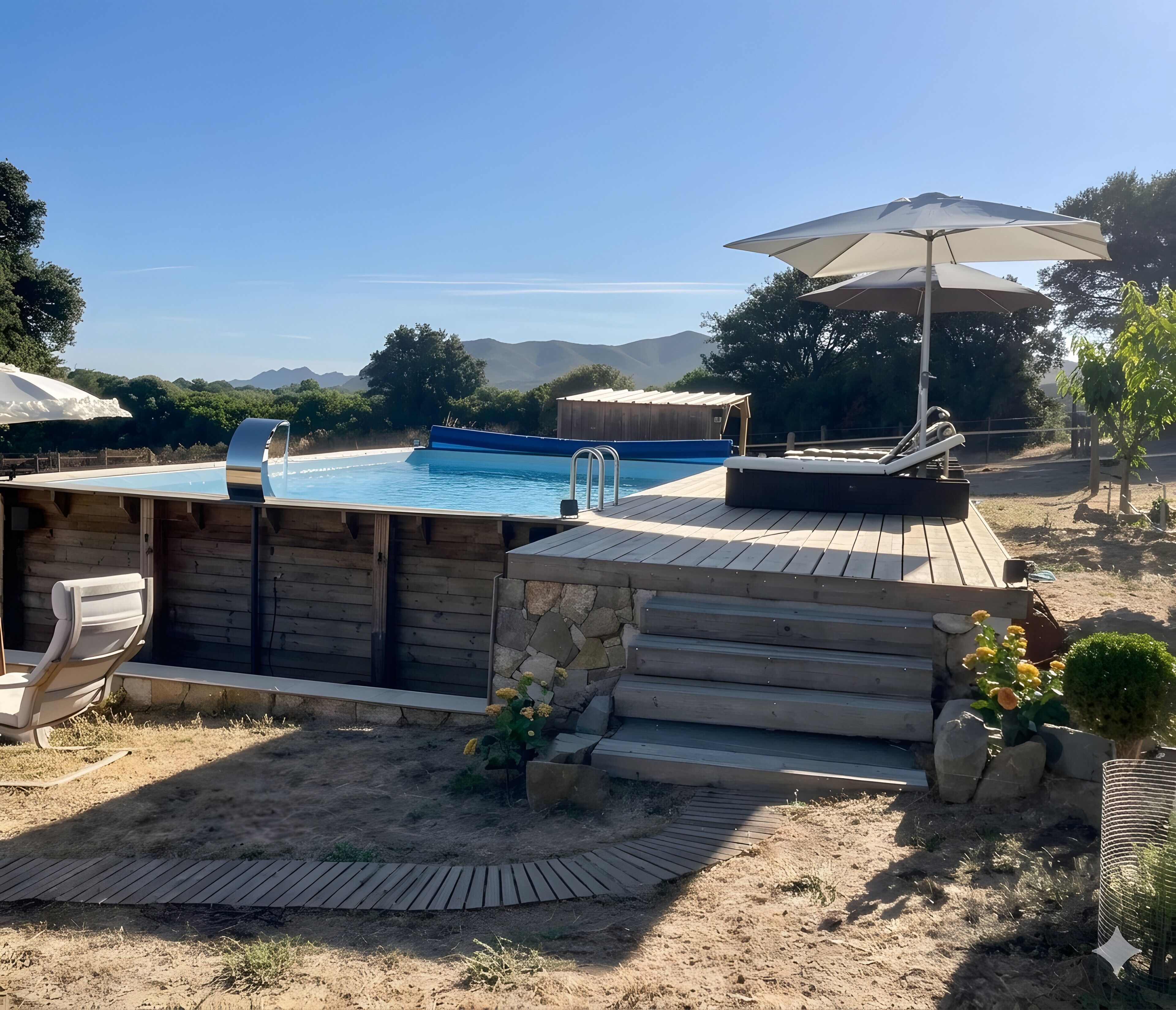Un patio trasero con piscina, terraza de madera, mobiliario exterior y vista a las montañas.
