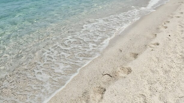 Une plage à l’eau claire, avec un rivage sablonneux et un paysage vallonné en arrière-plan.