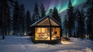 Una cabaña con fachada de vidrio, chimenea y un interior acogedor.