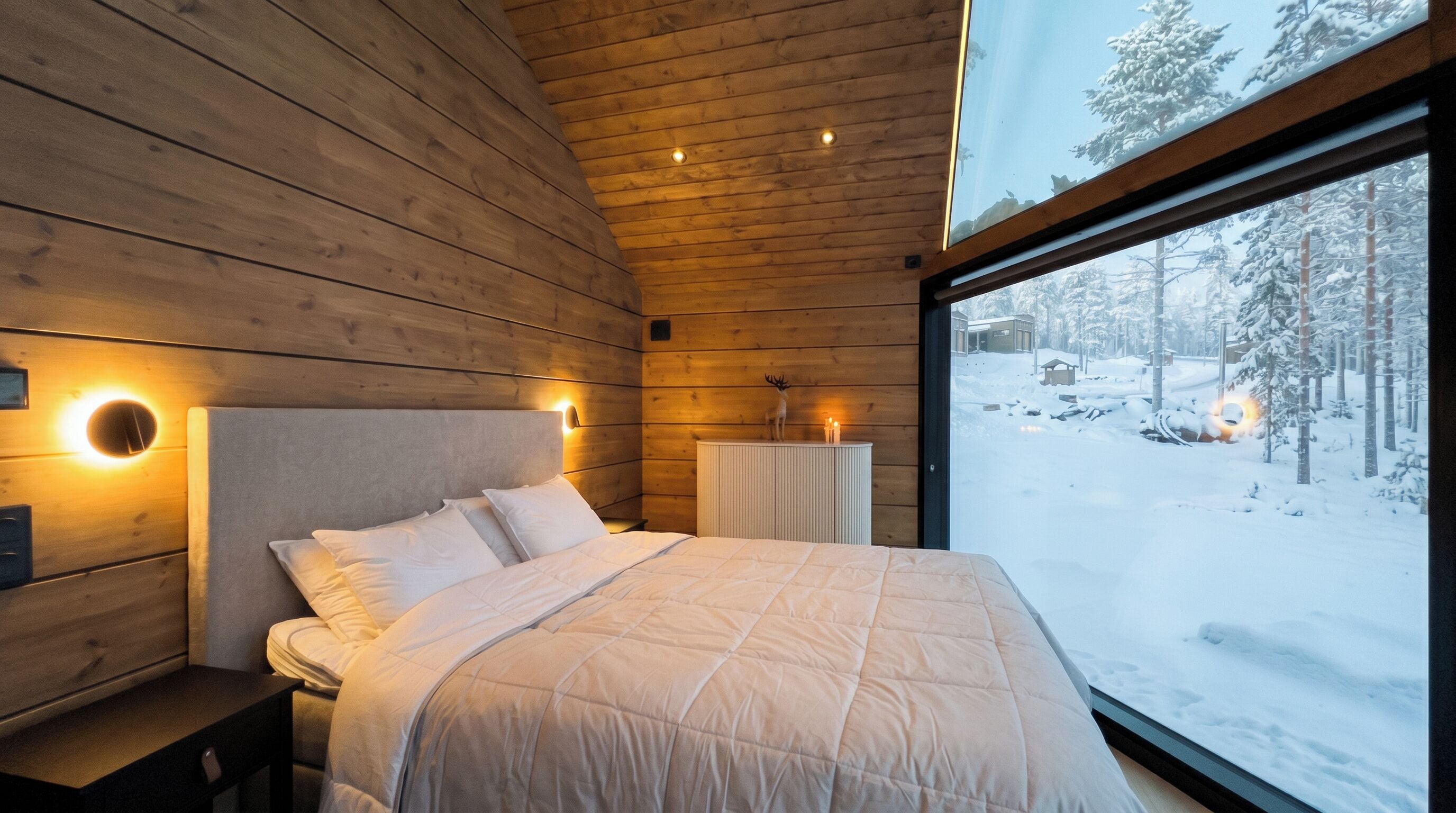 A wooden cabin bedroom with a bed, bedside lamps, a nightstand, and a view of a snowy forest.