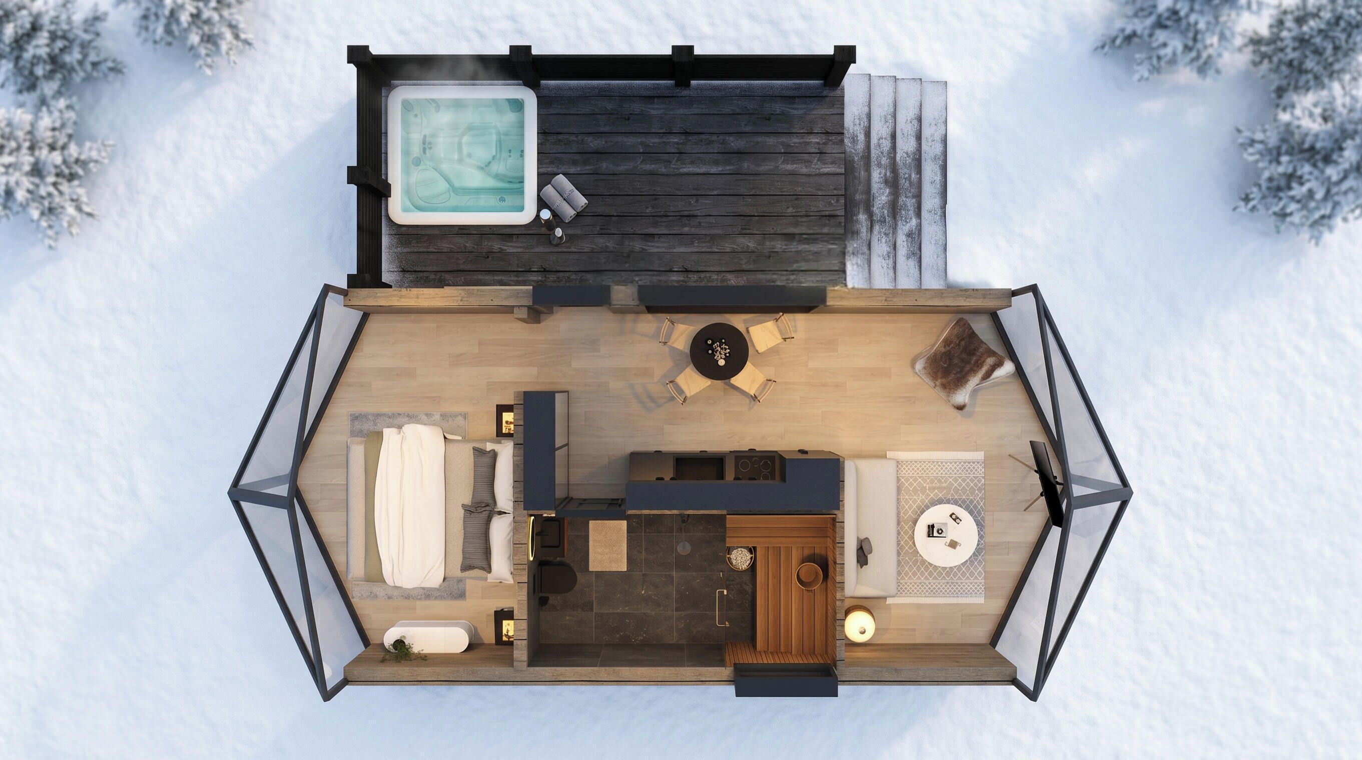 A top-down view of a cozy cabin with a hot tub, a dining area, a kitchen, and a bathroom.