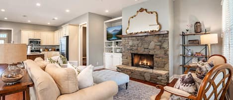 Smart TV, fireplace, books