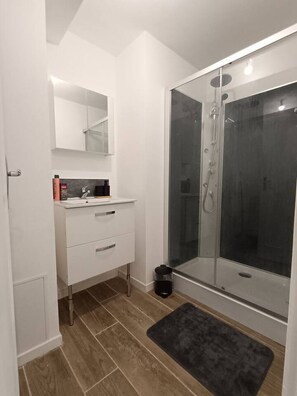 Hair dryer, towels, shampoo, toilet paper