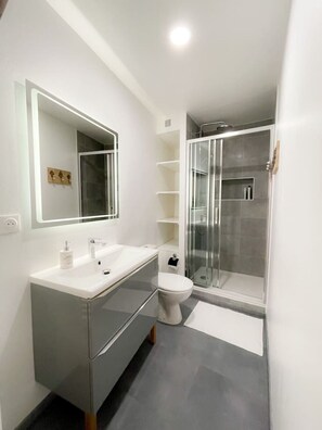 Een haardroger, handdoeken, toiletpapier