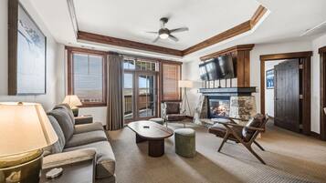 Smart TV, fireplace, books