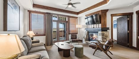 Smart TV, fireplace, books
