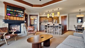 Smart TV, fireplace, books