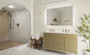 Douche, sèche-cheveux, serviettes fournies, savon