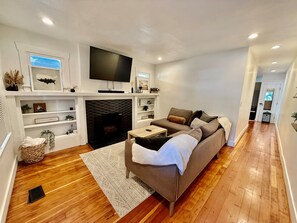 Smart TV, fireplace, books