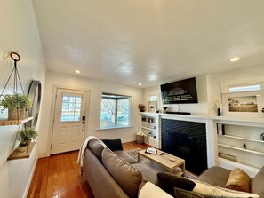 Smart TV, fireplace, books