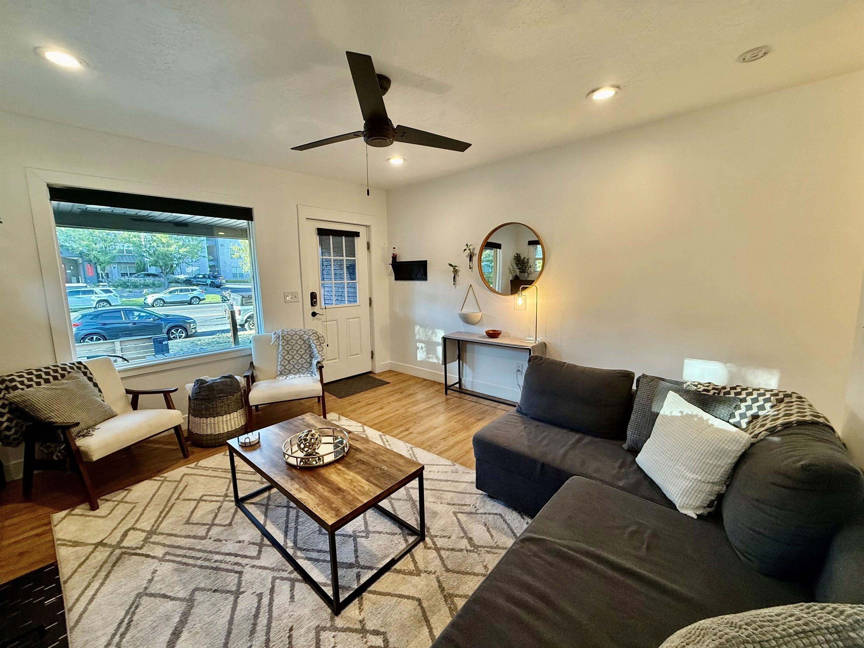 Smart TV, fireplace, books