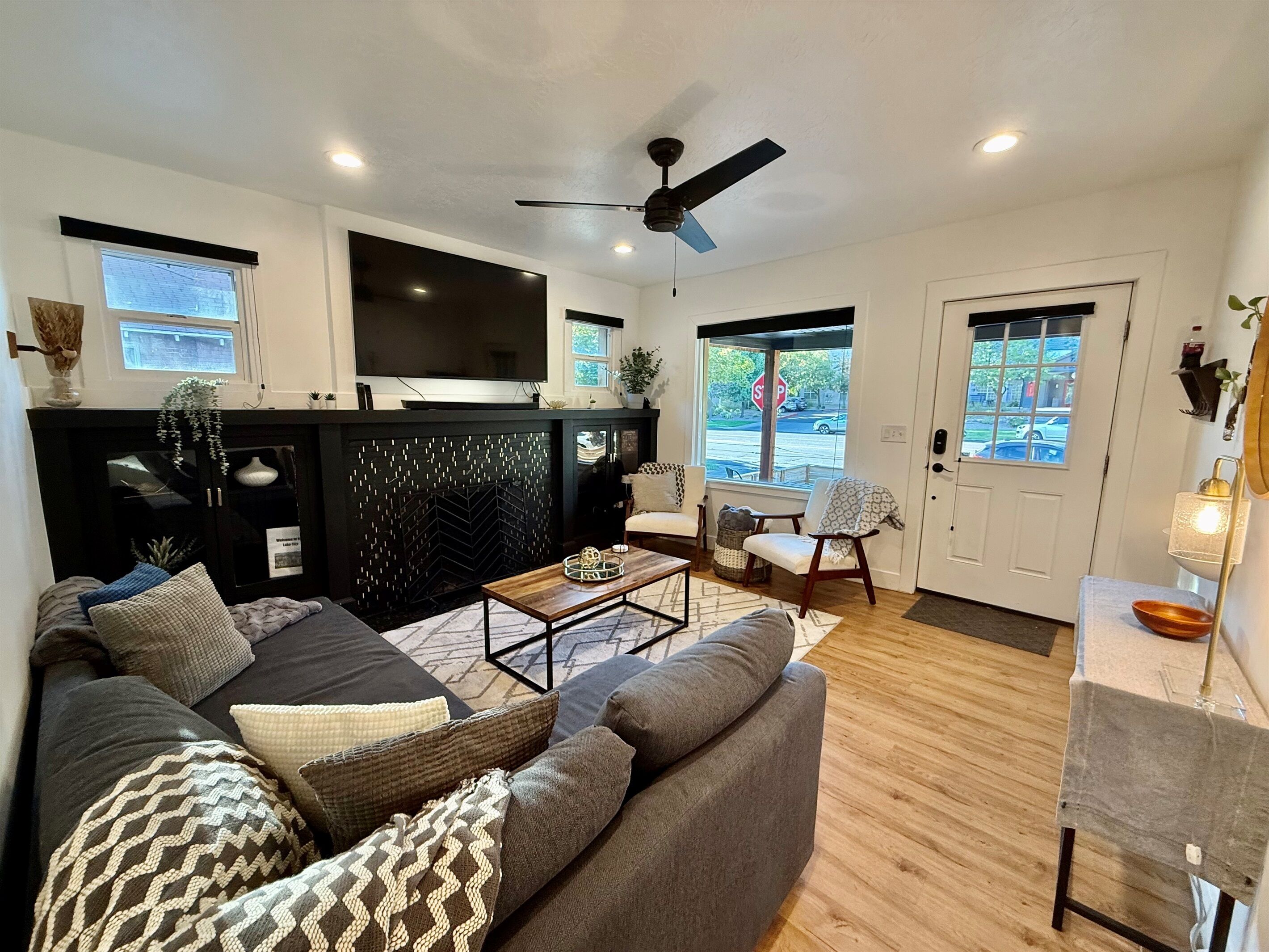 Smart TV, fireplace, books