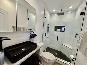 Shower, hair dryer, towels