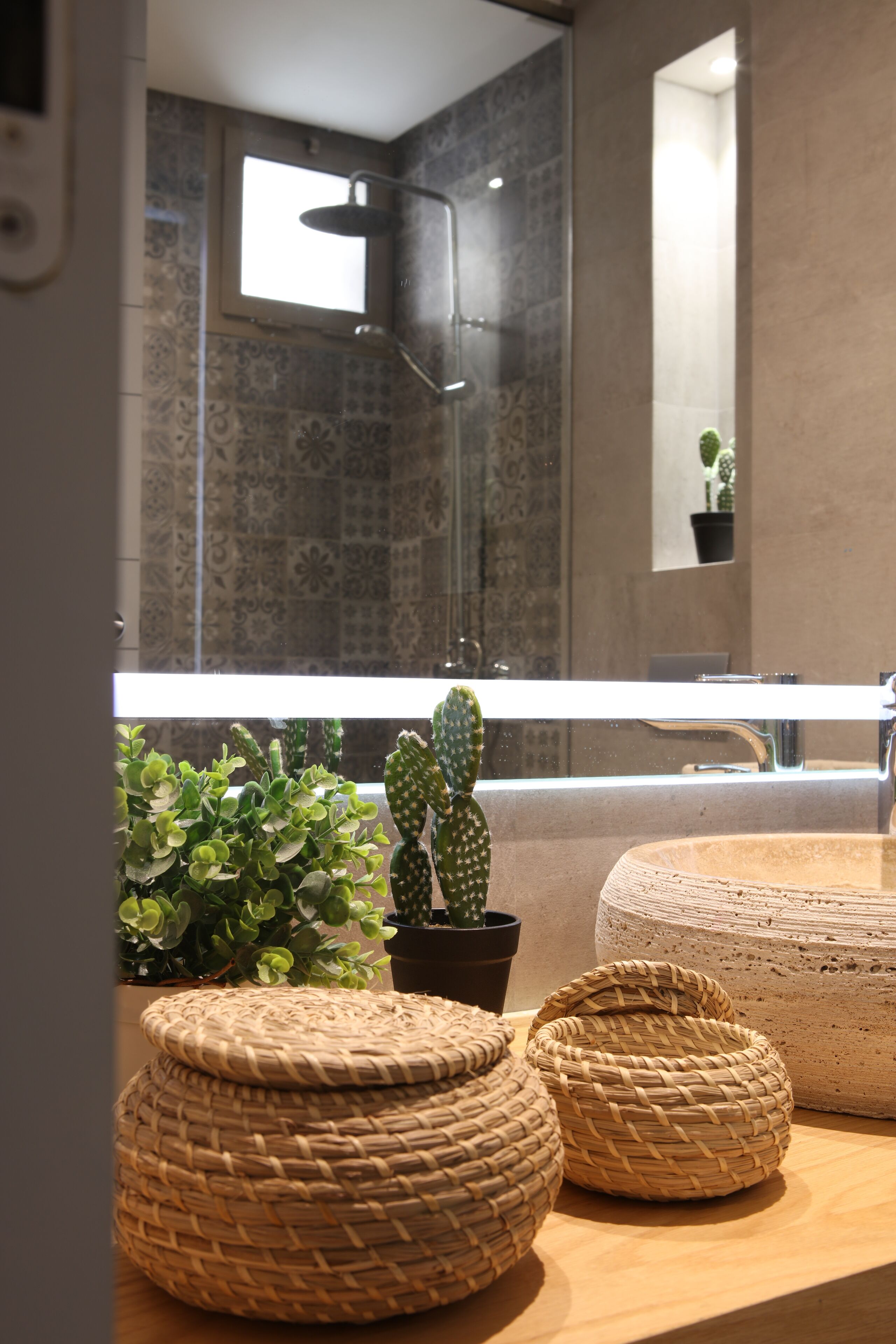 A bathroom with a shower, a sink, and decorative plants.