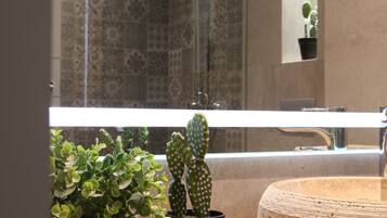 A bathroom with a shower, a sink, and decorative plants.