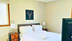 A bedroom with a bed, a ceiling fan, a TV, and a nightstand with a lamp.