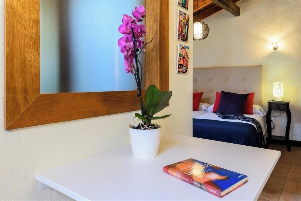 A bedroom with a bed, a bedside table with a book, a potted plant, and a mirror on the wall.