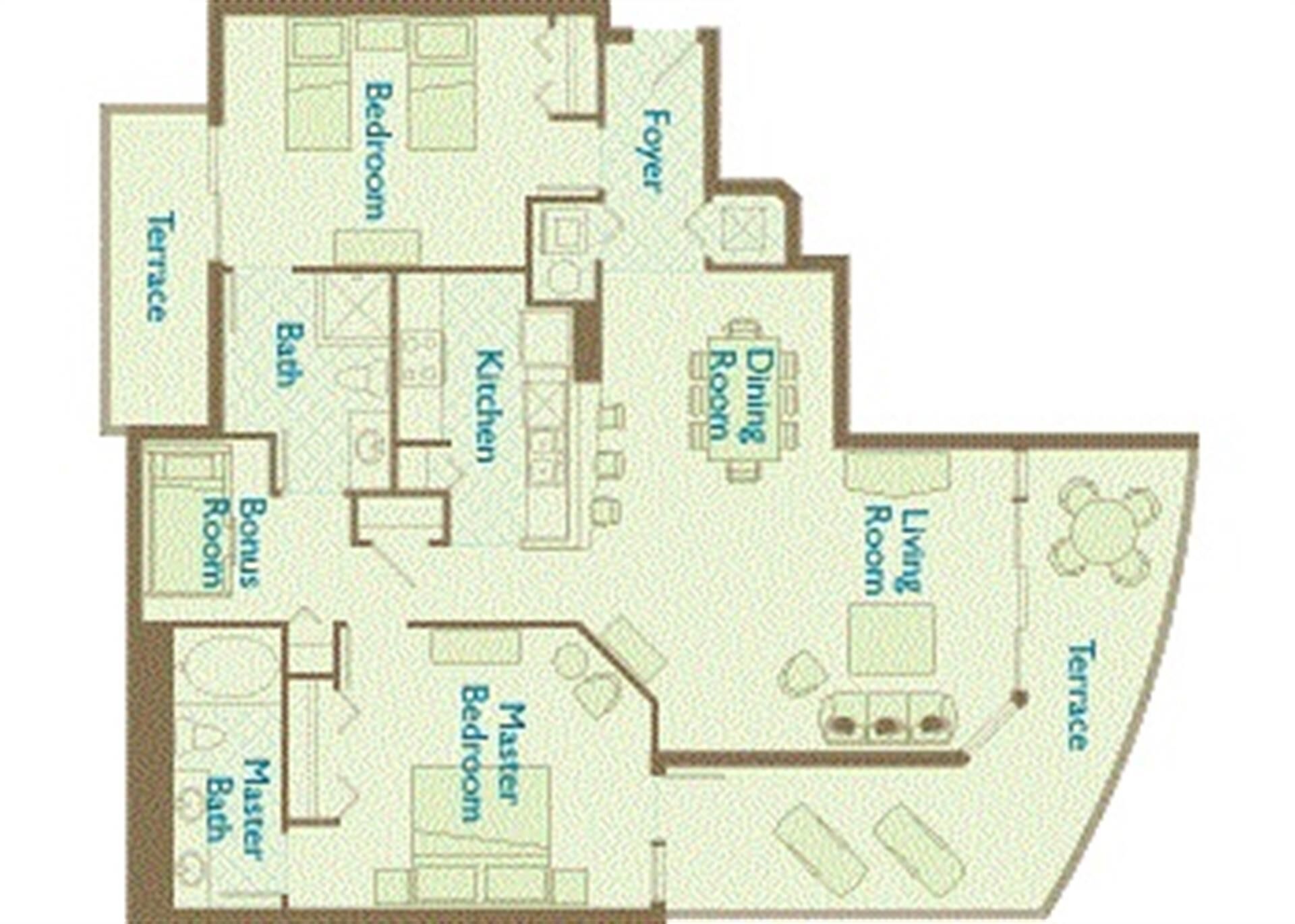 A floor plan of a hotel with a master bedroom, bonus room, kitchen, dining room, living room, terrace, and foyer.