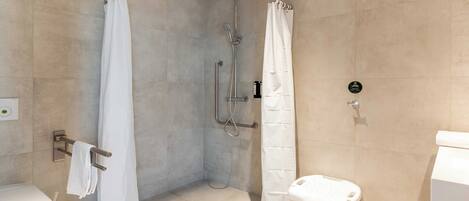 A modern bathroom with a walk-in shower, a toilet, and a sink.