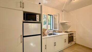 Frigorífico, microondas, horno y placa de cocina