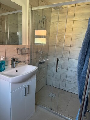 Shower, towels, soap, toilet paper