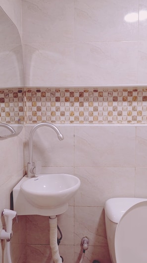 Shower, towels, soap, toilet paper