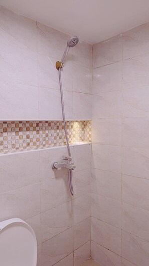 Shower, towels, soap, toilet paper